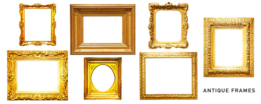 Golden vintage frame set. PNG isolated with transparent background. Without shadow.
