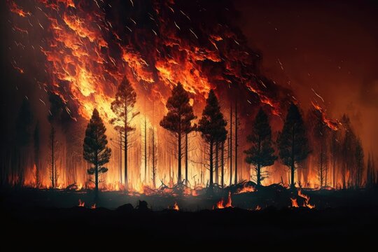 Forest fire with trees on fire. Generative AI