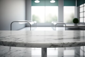 empty white table counter with hospital interior corridor blurred background