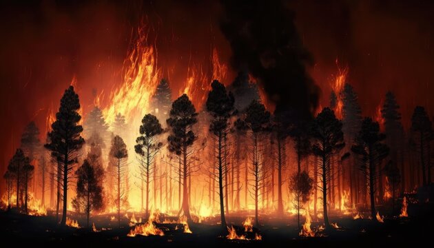 Forest fire with trees on fire. Generative AI