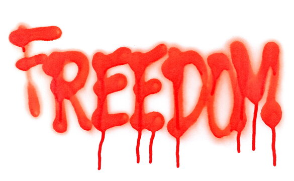 Red spray stain word freedom, painted graffiti isolated on white, clipping