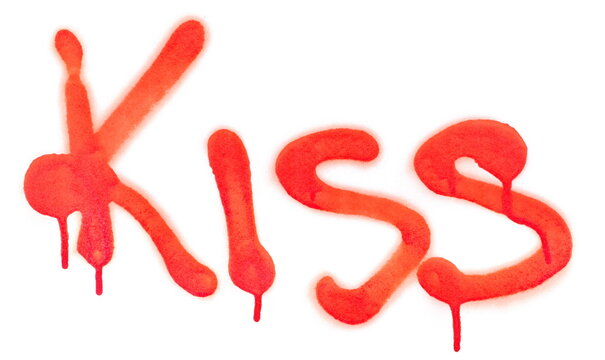 Red spray stain word kiss, painted graffiti isolated on white, clipping