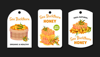 Sea Buckthorn Honey Label Design with Berry and Sweet Honeycomb Vector Template