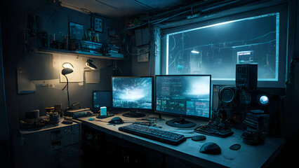 cyberpunk hackers control room setup with many computers and blue screens monitors, papers on the walls. 