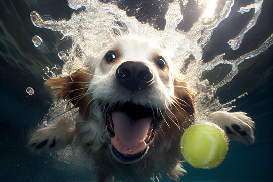 Underwater action  portrait of dog diving for toy ball in pool. Generative Ai