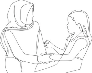 Minimalist supermom concept. A mom listens to her children tell a story. Black and white vector illustration, mother, supermom, mother’s day.