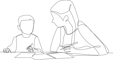 Minimalist supermom concept. A mom accompanies her son to study. Black and white vector illustration, mother, supermom, mother’s day.
