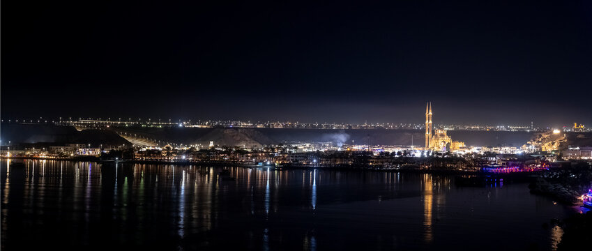 The beautifully et "Al Sahaba" mosque in Sharm El Sheikh at night time, Egypt. panoramic view of the old town and the red sea, Hadaba district