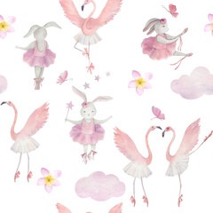 Watercolor seamless pattern with kids ballet. Hand drawn  illustration on white background
