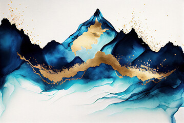 Blue and gold marbling abstract background, waves and mountains silhouettes, imitation of watercolor paint and texture created with Generative AI technology - 572023974