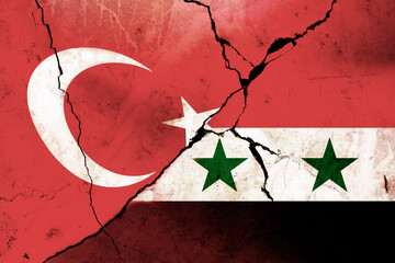 Earthquakes in Syria and turkey, Flag Syria and flag turkey on wall with cracks