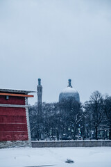 Beautiful winter view of the temple and the embankment.