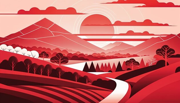  A Red Landscape With Trees And Hills In The Background And A Sun In The Sky.  Generative Ai