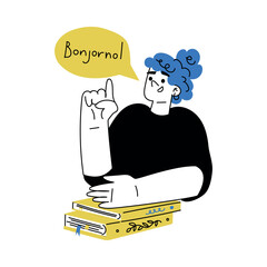 Self Growth with Woman Character Learning Italian Language Engaged in Personal Development and Improvement Vector Illustration