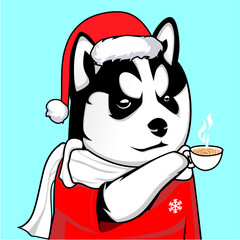cute dog drinking coffee on christmas