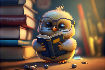 3d owl reading a book , a cute little cartoon chick reading a tiny book, generated AI