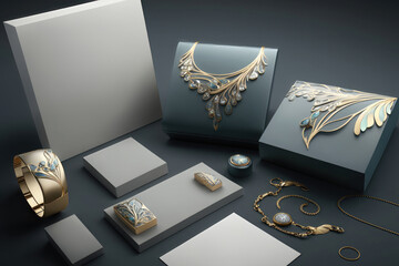 Illustration of jewelry branding mockup. AI generation.