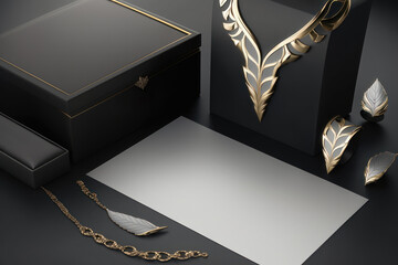 Illustration of jewelry branding mockup. AI generation.