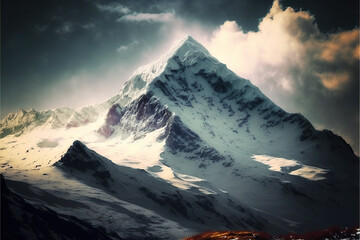 Fototapeta na wymiar Ilustración de una gran montaña nevada rodeada de nubes. Ilustración de un fondo con ludes boke en colores rojos. Generative AI