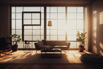 Beautiful Warm Cozy Modern Living Room Interior with minimal staged furniture with large windows at golden and indoor house plants made with Generative Ai 