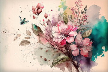 Ilustración de flores pintadas con acuarelas de colores. Generative AI