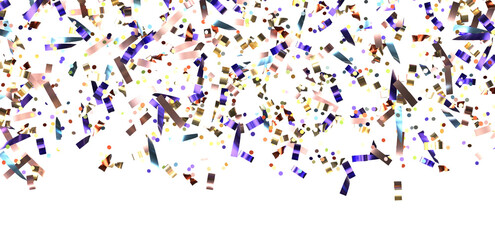 Multicolor confetti abstract background with a lot of falling pieces, isolated on a white background. Festive decorative tinsel element for design
