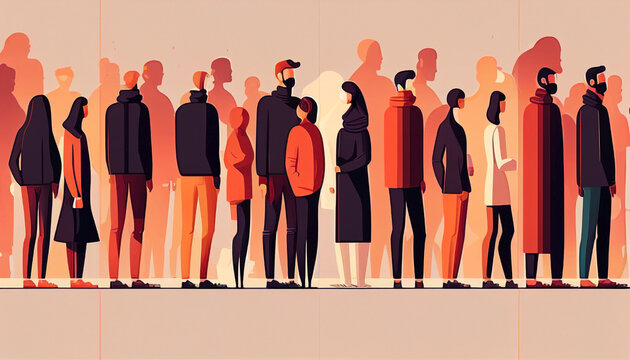 People Together Queuing To Get On The Bus. Image Of Warm And Orange Tones With Winter Clothes. Ai Generated.