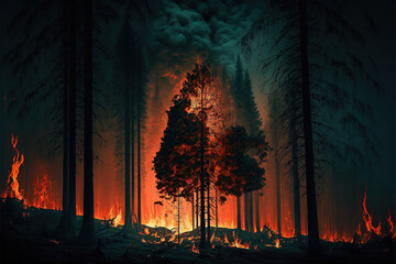 ilustración de incendio en un bosque en plena noche. Generative AI