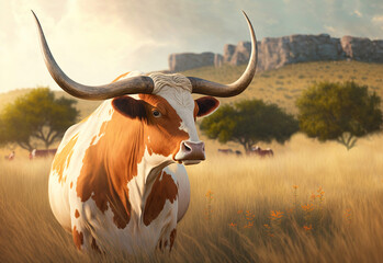 Texas longhorn bull on grassland, illustration generative AI - obrazy, fototapety, plakaty
