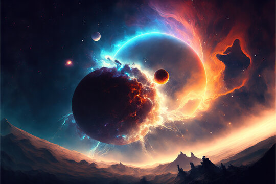 Ilustraci&oacute;n de dos planetas chocando en el espacio con colores RGB. Ilustraci&oacute;n de un fondo de flores con muchos colores. Generative AI