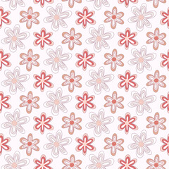 Seamless pattern of hand drawn doodle retro style flowers on pale pink, isolated background. Romantic love background design for springtime, mother’s day, Easter, wedding celebration.