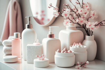 Fototapeta na wymiar Cosmetic and beauty products for bath, spa in white bottles, branch of spring pink sakura flowers, toiletry on table in soft light white bathroom interior in geometric simple urban - Generative AI