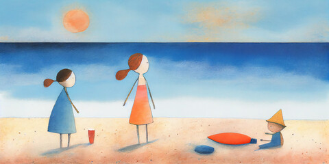 Illustration of Children Playing on Sandy Beach. Generative ai
