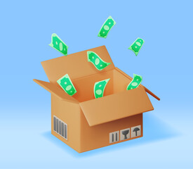 3D Cardboard Box with Dollar Banknotes Inside Isolated. Open Carton Package with Cash Money. Donate Money, Charity, Save Money Concept. Cargo, Delivery and Transportation. Vector Illustration