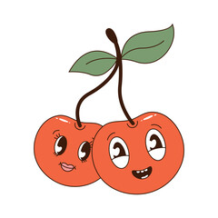 
Retro sticker of a cherry with cartoon facial expressions and smiles. Berries of love. Holiday, March 8, background, print. Vintage sticker. Vector