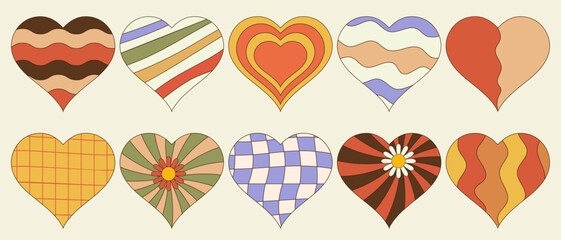 Set of romantic groovy hearts . Modern retro design elemtns in 60s, 70s stale.Vector illustration
