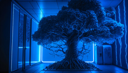 A Tree Grow in Futurestic Cyberpunck Lab, Generative AI