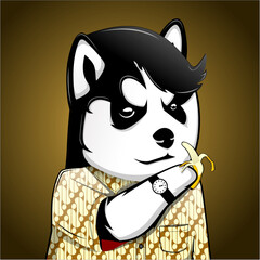 dog character eating banana illustration