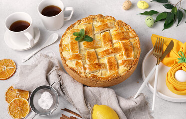 Easter breakfast in Italy whit cake from Naples and Pastiera cake from campania Region