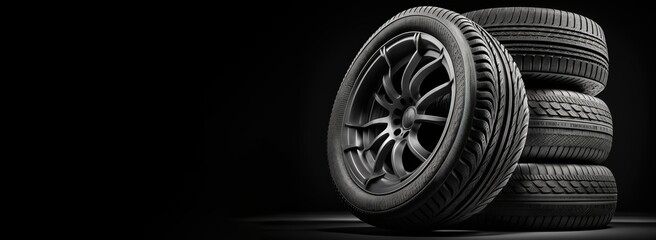 new car tires against dark background banner design. Auto parts. With copy space