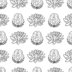 Lotus flower and candles seamless pattern. Modern witchcrafts black outline vector illustration. Spirituality art.