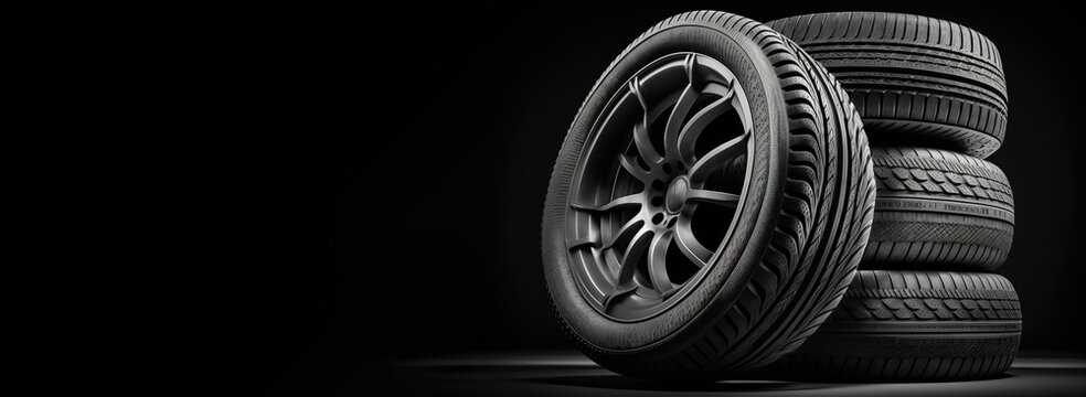 new car tires against dark background banner design. Auto parts. With copy space - Generative AI