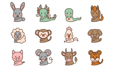 Chinese new year, zodiac signs icons and symbols. Vector illustration. Cartoon Chinese Zodiac Animals Icon. Rat, Ox, Tiger, Rabbit, Dragon, Snake, Horse, Sheep, Monkey, Rooster, Dog, Pig