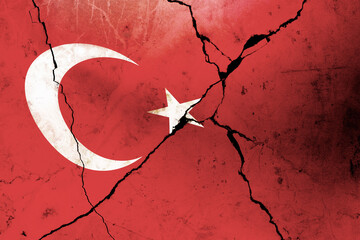 The cracked red wall with a crescent moon and star represents Turkey's flag. Symbolizing earthquake...