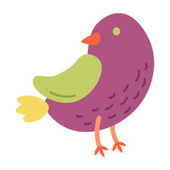 Standing purple dove with green wings. Cartoon style bird. For stickers and kids illustrations