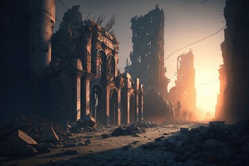 Beautidul city destroyed after the war. Created with Generative AI technology.