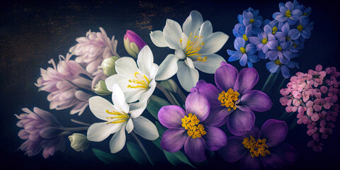 Vintage spring flowers bouquet on dark background. Generative AI.