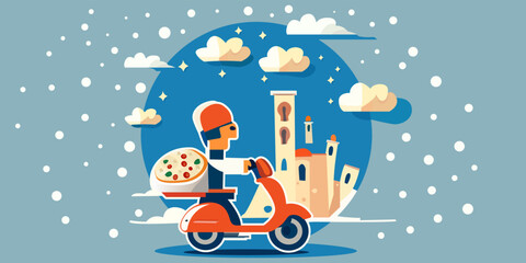 Fototapeta na wymiar Pizza delivery man speeds through an eastern city. Flat style. Clouds and stars, pizza on a scooter. Vector print seamless for interior, clothes, notebooks, pillows, design.