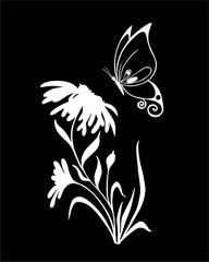 Fototapeta na wymiar white contour drawing of a flower on a black background, logotype, monochrome design