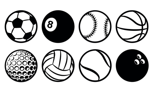 Sports Balls Vector Icon Set. Soccer, Football, Golf, Bowling, Basketball, Volleyball, Pool, Baseball and Tennis.